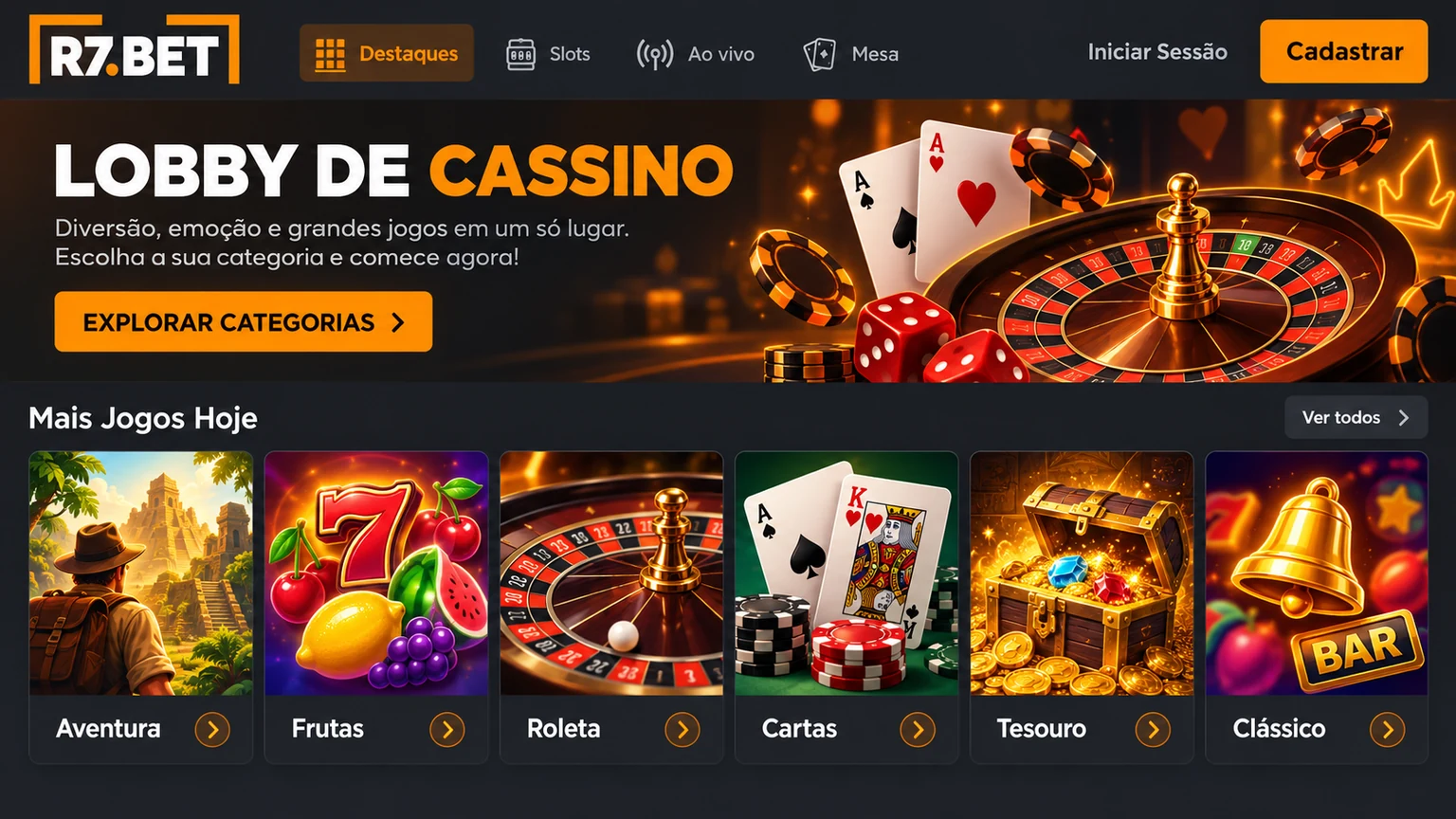 Ilustração editorial dos elementos para conferir no lobby do cassino R7Bet